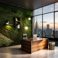 mystical office with fairy lights and grassy walls