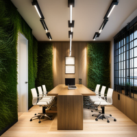 office with fairy lights and grassy walls
